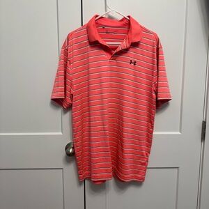 Under Armour Men's Golf Polo Shirt LG Loose Fit Coral Striped 1342082 Heatgear